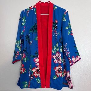 Blue Floral Kimono with Red Trim